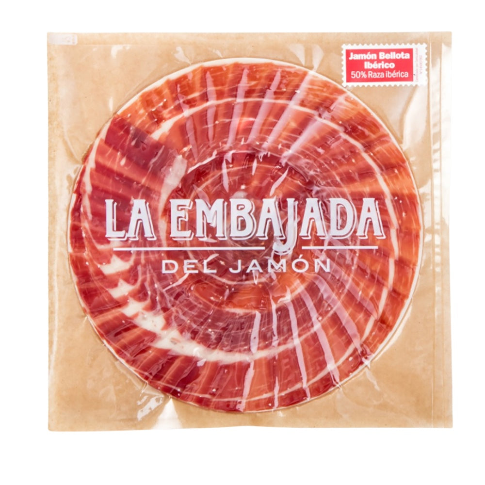 Jamón Bellota Ibérico 50% Raza Ibérica (R.I.). Corte artesanal a cuchillo | Sobre 80 gr