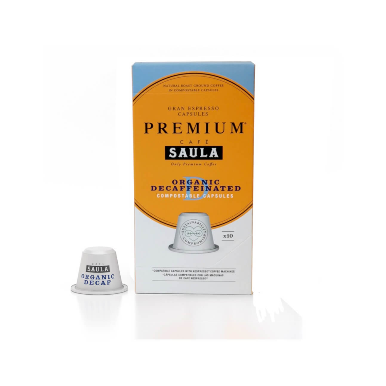 Café Saula. Caja de 10 Cápsulas Compostables Café Descafeinado Ecológico (Compatibles Nespresso®)